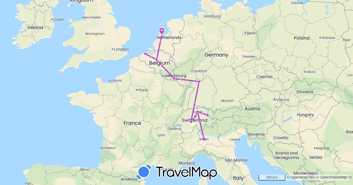 TravelMap itinerary: train in Belgium, Switzerland, Germany, Italy, Liechtenstein, Luxembourg, Netherlands (Europe)